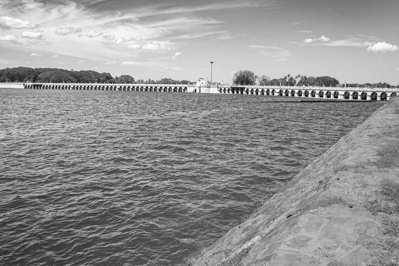 The Grand Anicut Complex showing the fronts of Vennar Regulator on the right and Kaveri Regulator on the left - in Thanjavur district, Tamil Nadu